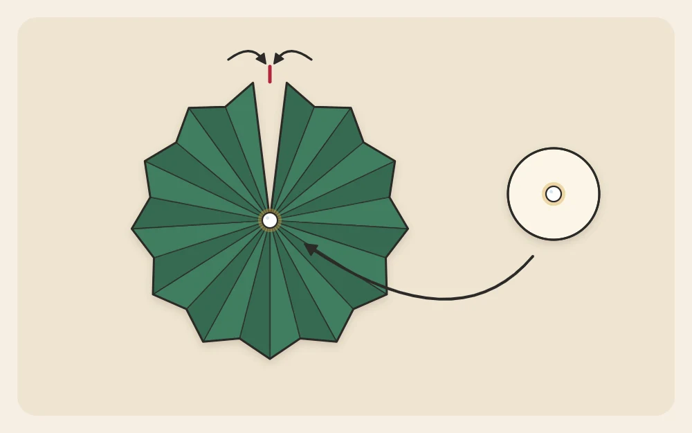 A pleated strip curved into a circle with its ends meeting, beside a small card circle