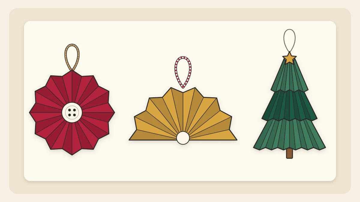 Three pleated paper ornaments with loops: a round rosette with a button center, a half fan and a tiered tree