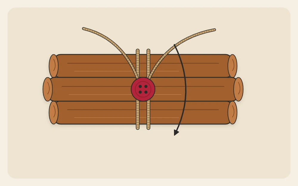 A bundle of three cinnamon sticks with twine wrapped twice around the middle and a button threaded onto the knot