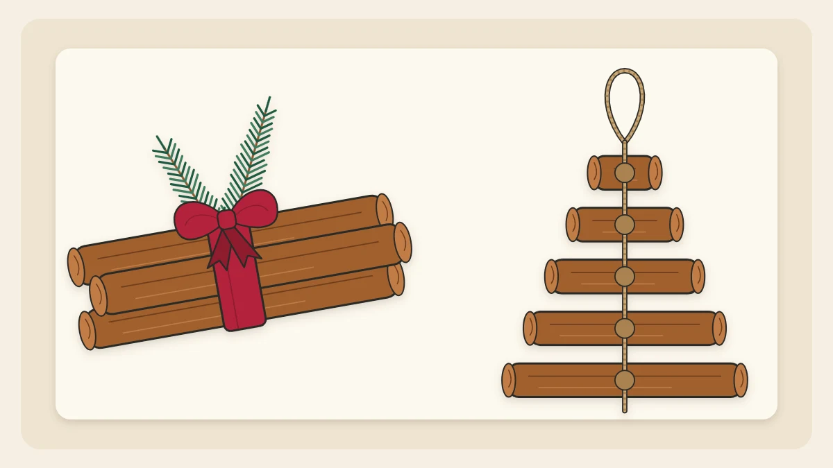 A bundle of three cinnamon sticks tied with red ribbon and a sprig, beside a tiered tree made of cinnamon sticks