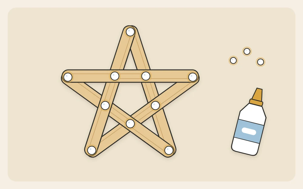 Five craft sticks laid out as a five-point star with small glue dots at each overlap point