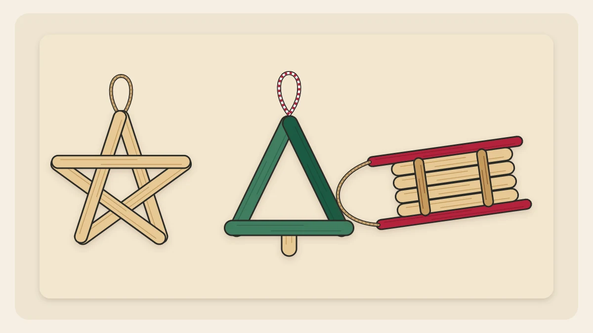 A five-point craft stick star, a triangle tree with a short trunk and a small sled, each with a twine loop