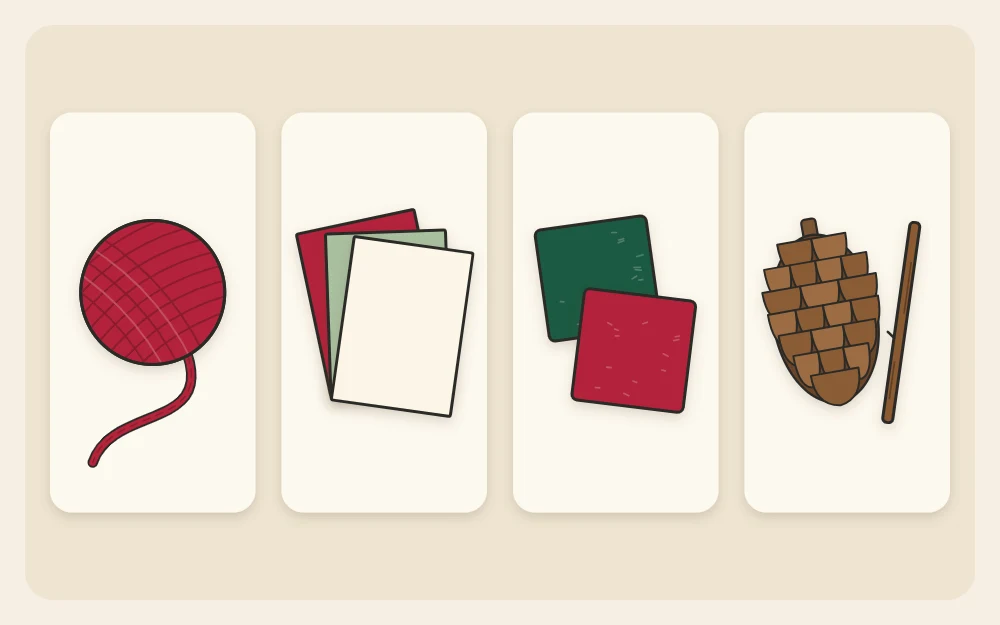Four tiles showing a ball of yarn, a stack of paper sheets, two felt squares and a pinecone with a twig