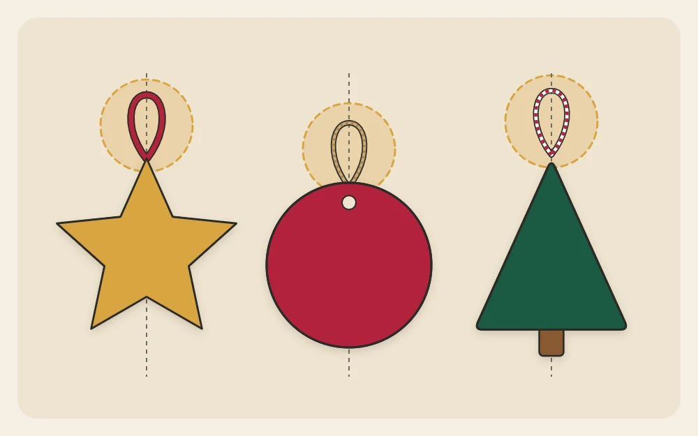 A star, a round disc and a small tree in a row, each with its hanging loop centered at the top