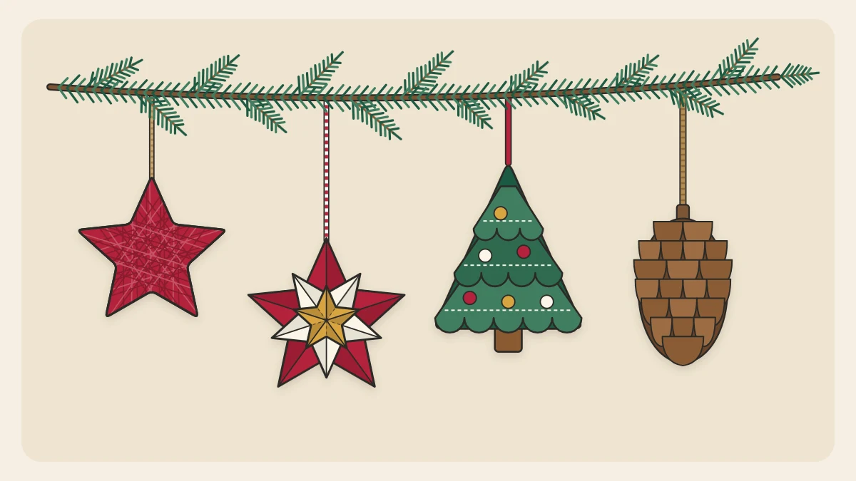 An evergreen branch with a yarn-wrapped star, a layered paper star, a felt tree and a pinecone hanging from it