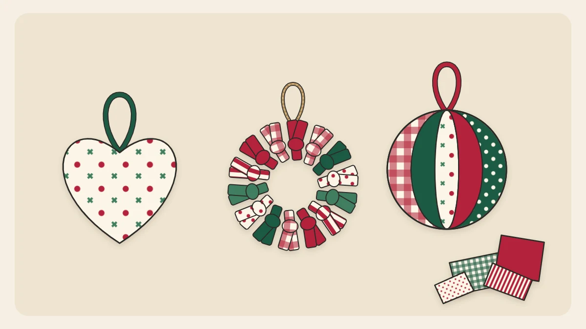 Three fabric scrap ornaments: a covered heart, a ring of knotted strips and a patchwork-style ball beside a pile of scraps