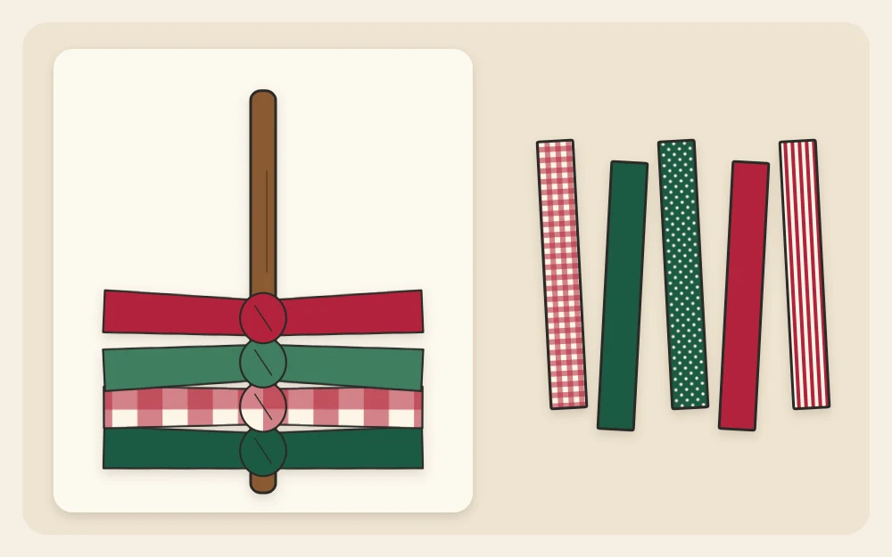 A straight twig with four fabric strips tied on and a row of cut strips waiting beside it