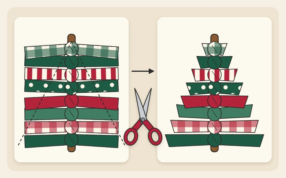 An untrimmed strip ornament on the left and the same ornament cut into a tapered tree on the right, with scissors
