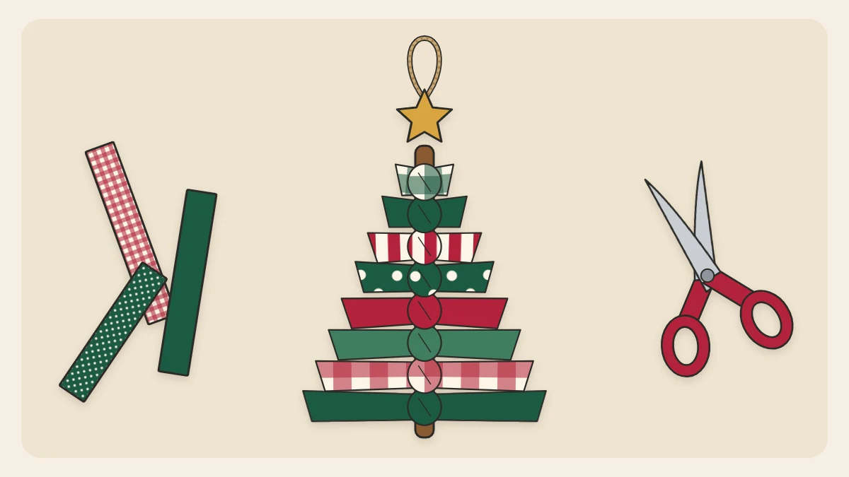A tree ornament of green and red fabric strips knotted along a twig and trimmed to a triangle, with a star and twine loop