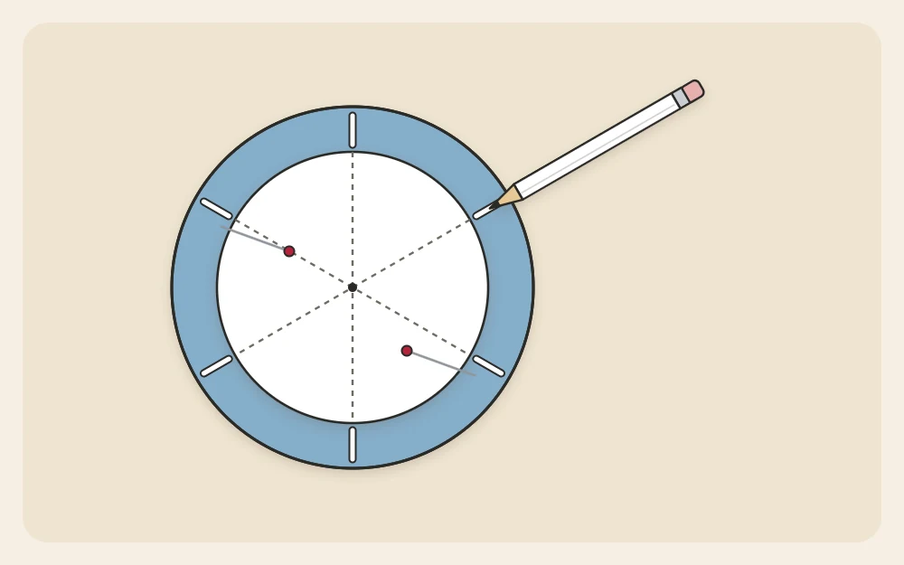A felt circle with a paper guide on top showing six evenly spaced spoke marks around the edge