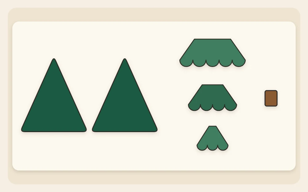Cut felt pieces in order: two tree bodies, three scalloped tiers in decreasing sizes and a small trunk rectangle