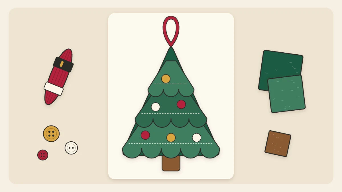 A green felt tree ornament with three scalloped tiers, small bead decorations, a brown trunk and a red ribbon loop