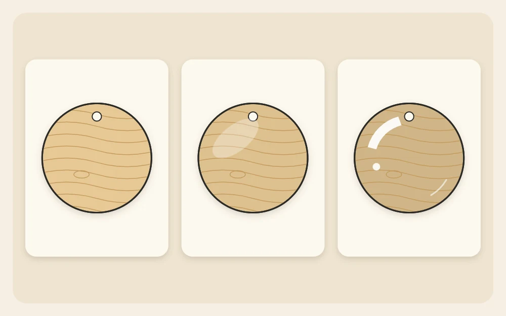 Three wooden discs showing matte, satin and gloss finishes with different highlight shapes