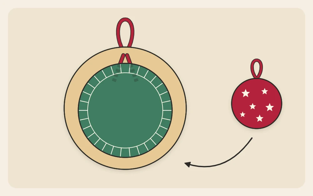 A round ornament turned over to show a felt backing circle hiding the loop ends
