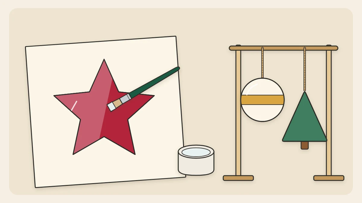 A painted wooden star being brushed with clear sealer from a small jar beside two ornaments drying on a rack
