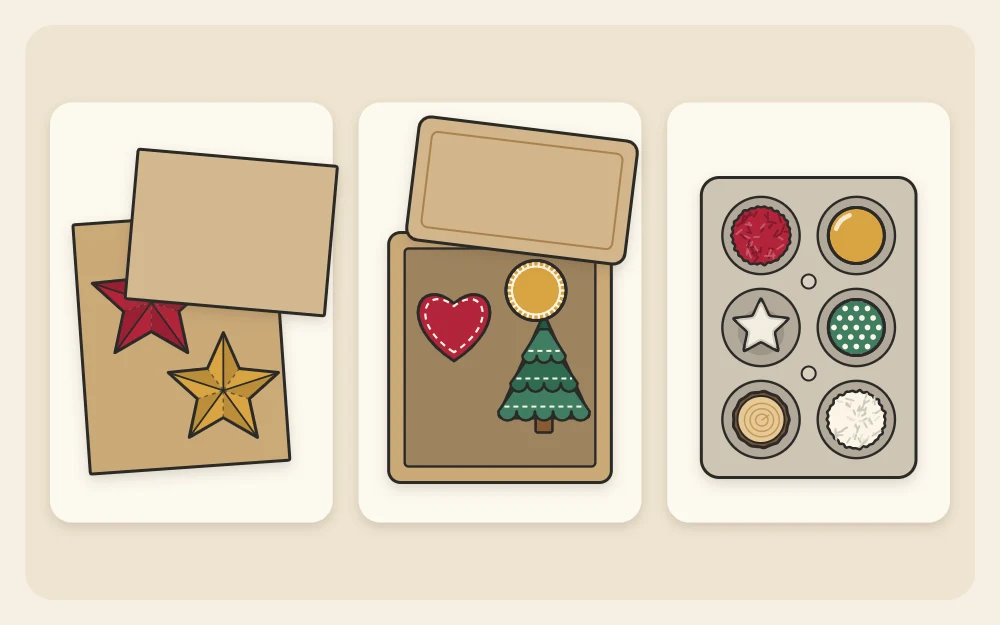 Three storage methods: paper stars between card sheets, felt ornaments in a lidded box, small ornaments in an egg carton