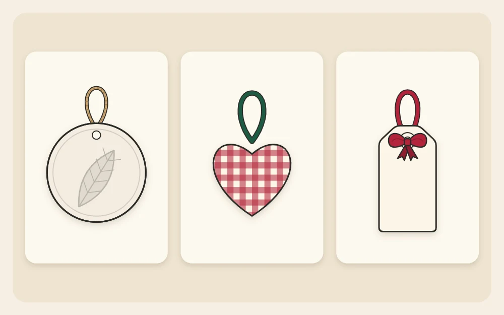 Three keepsake ideas as tiles: a clay disc with a leaf imprint, a small fabric-covered heart, and a blank memory tag tied with ribbon