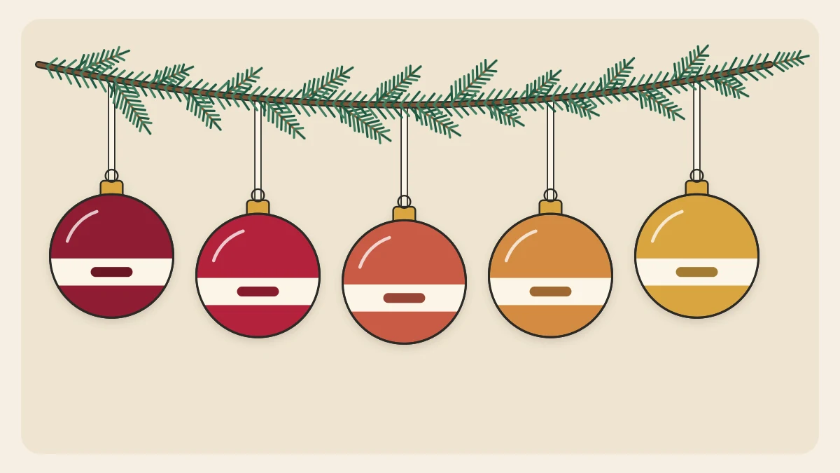 A row of five similar round keepsake ornaments on ribbon loops, each a slightly different color, hanging along an evergreen garland