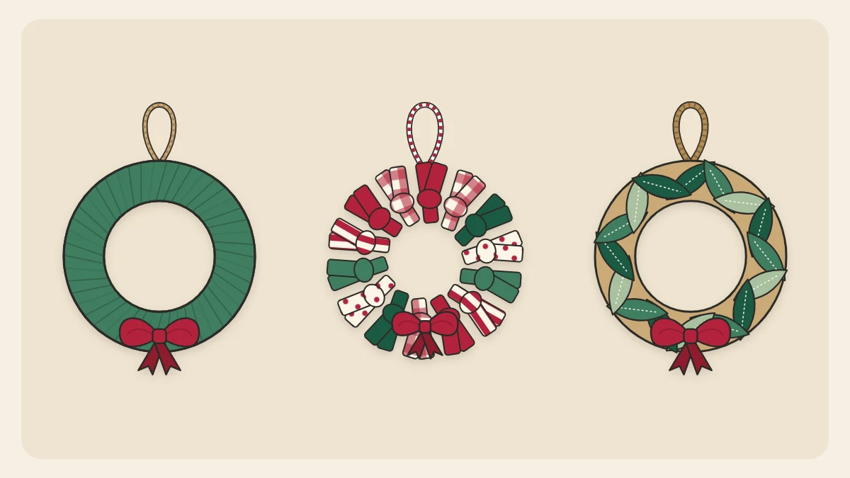 Three mini wreaths in green yarn, knotted fabric strips and overlapping felt leaves, each with a small red bow