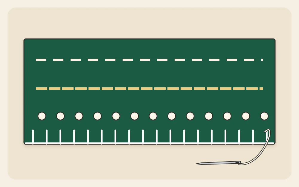 A felt strip with four stitch samples: running stitch, backstitch, French knots and a blanket-stitch edge