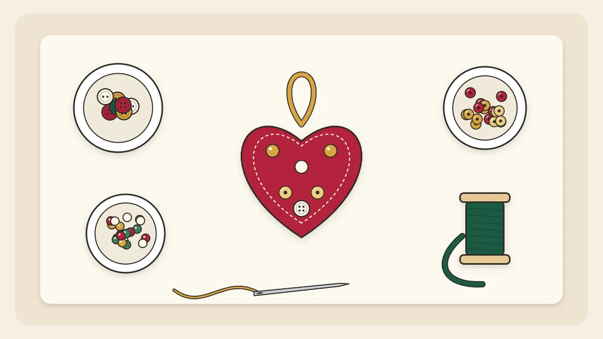 A felt ornament surrounded by dishes of buttons, beads and sequins, a spool of ribbon and a threaded needle