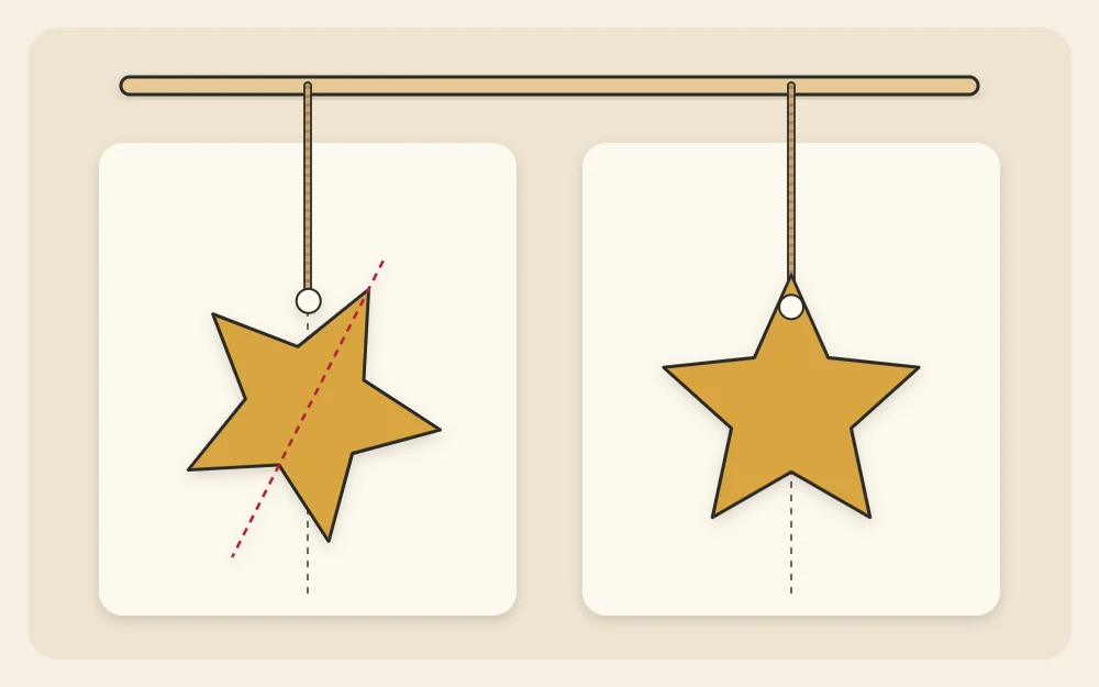 Two stars side by side, one tilted from an off-center loop and one hanging straight