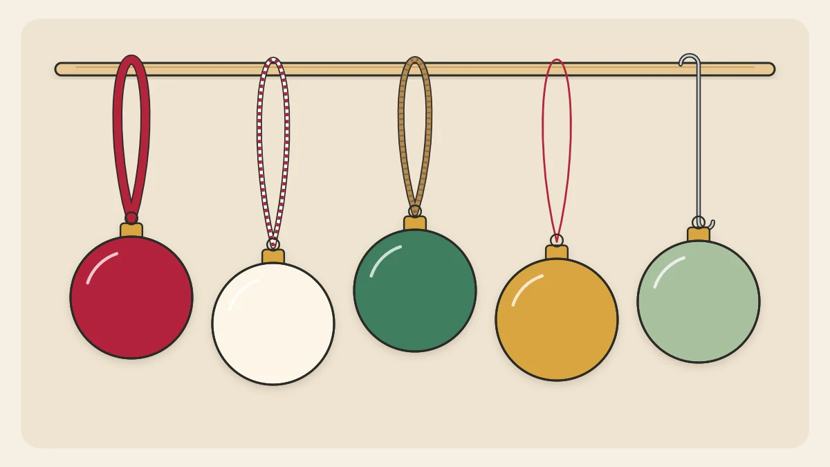 Five ornament loops hanging from a rod: satin ribbon, striped twine, jute, fine thread and a wire hook