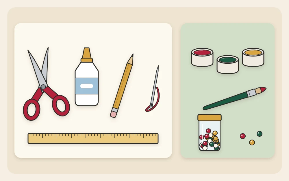 A starter kit of scissors, glue bottle, ruler, pencil and needle beside optional paint pots, a brush and a jar of beads