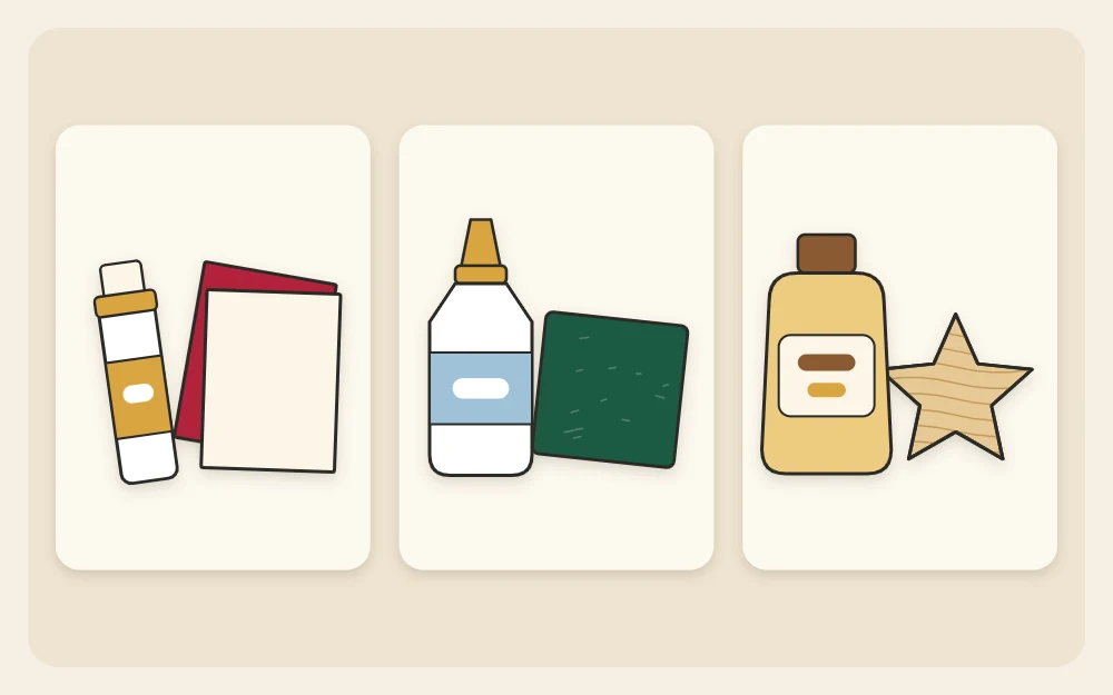 Three tiles pairing a glue stick with paper, white craft glue with felt and thick tacky glue with a wooden shape