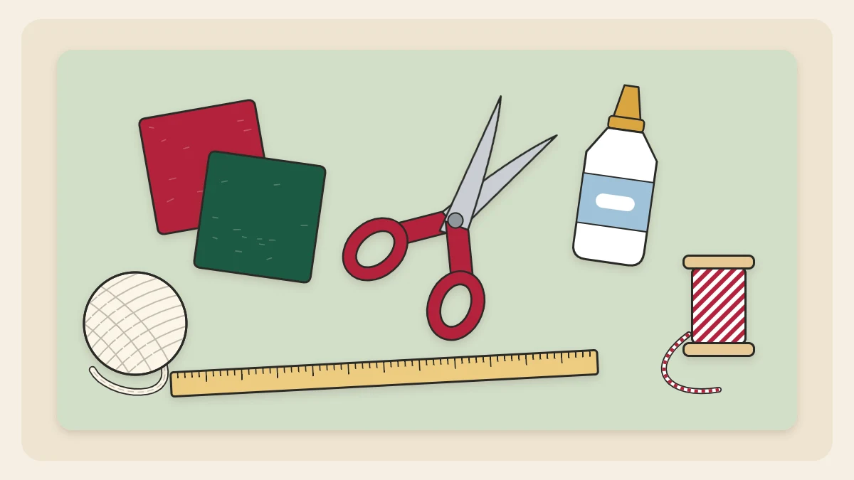 Flat lay of scissors, white craft glue, a ruler, red-and-white twine, felt squares and a ball of yarn
