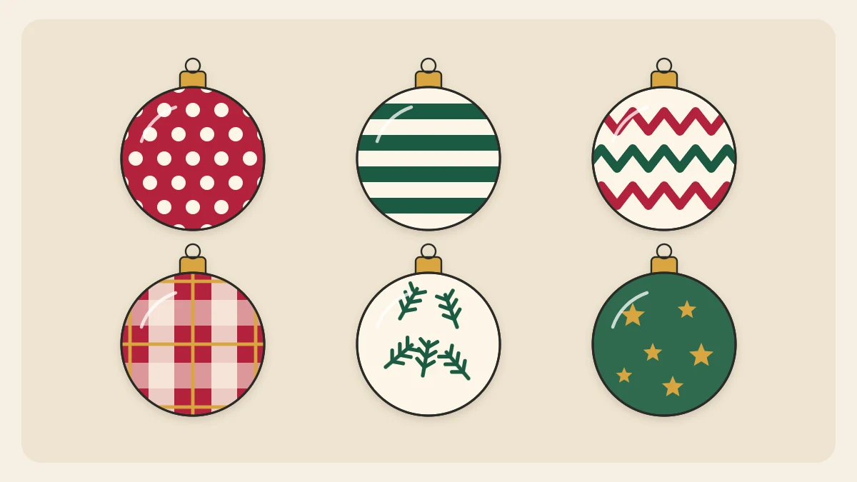 Six round painted ornaments in a grid, each with a different simple pattern: dots, stripes, zigzag, plaid, sprigs and small stars