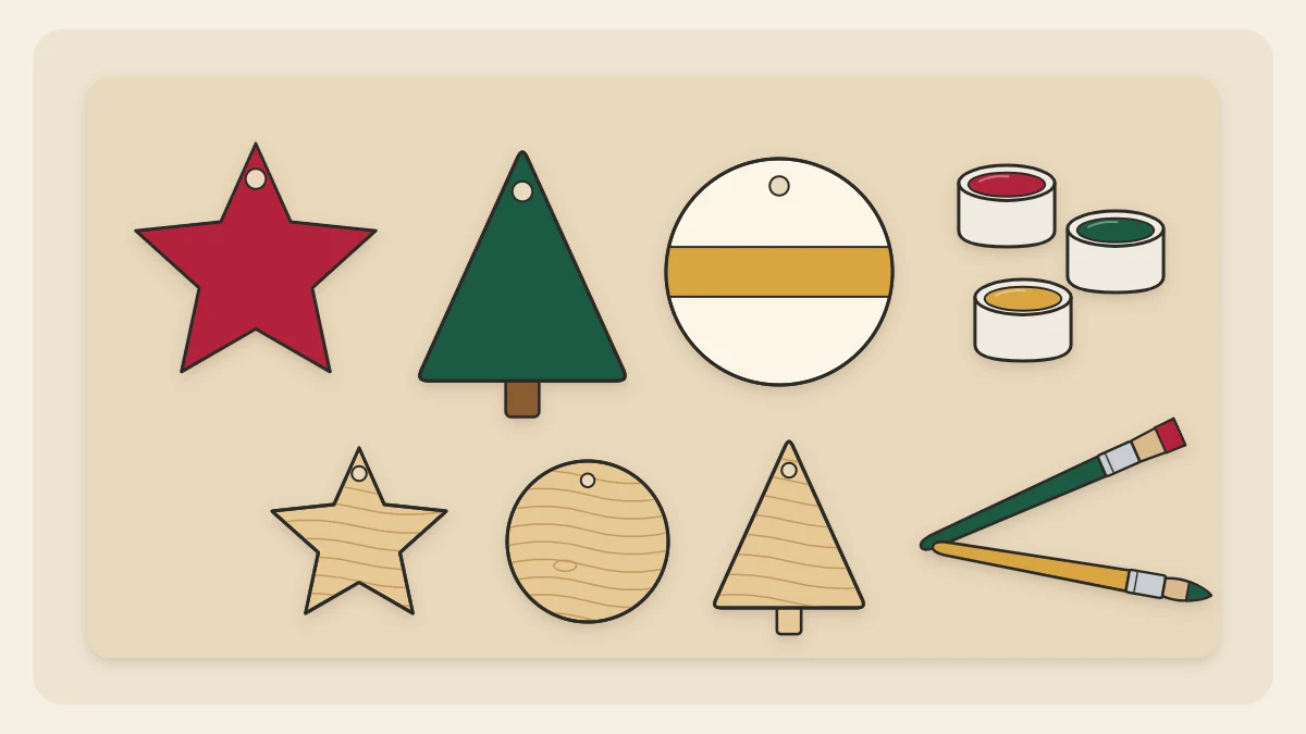 Blank and painted wooden ornaments on a work surface: a red star, a green tree and a white disc with a gold band, with paint pots and brushes