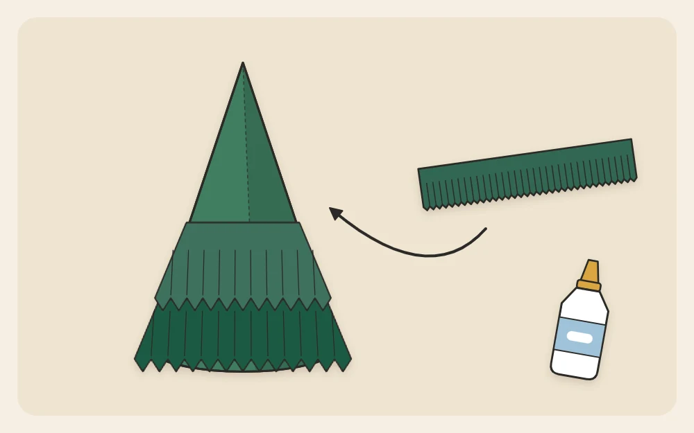 A plain cone being wrapped with a fringed paper strip, two tiers finished and one strip waiting beside it