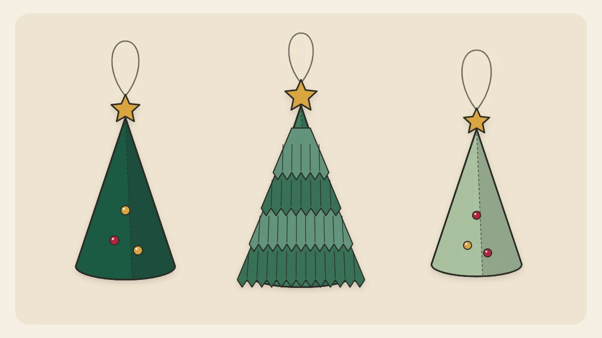 Three small green paper cone trees, one with fringed tiers, each topped with a tiny star on a thread loop