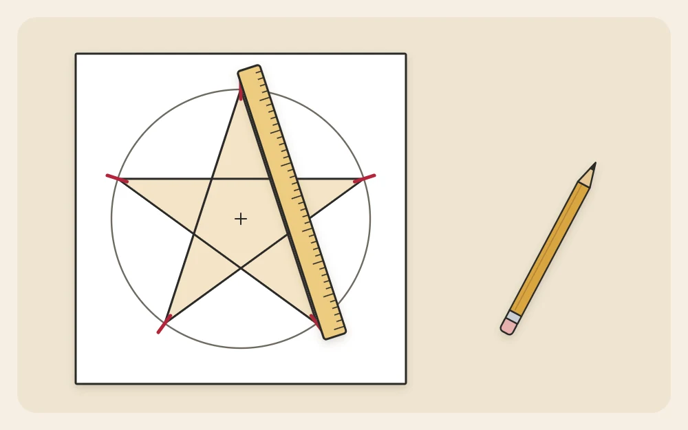 A circle with five evenly spaced marks joined by straight lines into a five-point star, with ruler and pencil