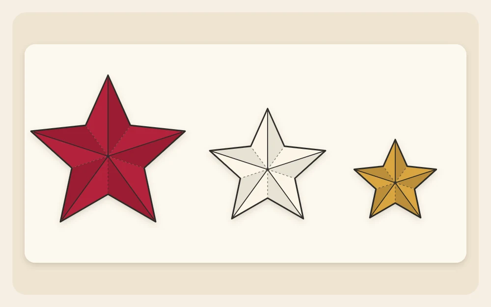 Three paper stars in decreasing sizes side by side, each with score lines running from the points to the center