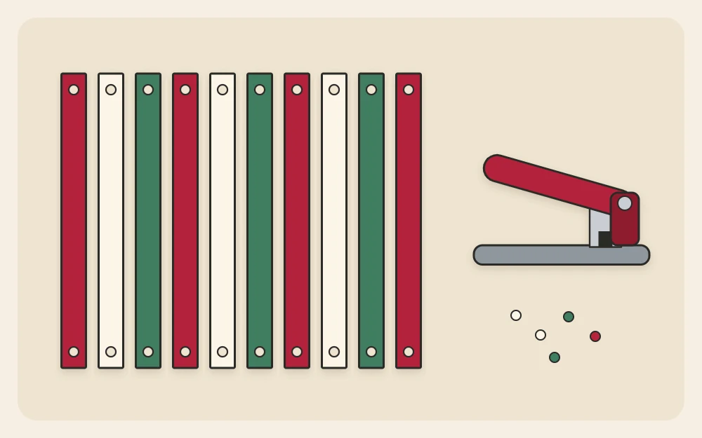 Ten paper strips of equal length in a row, each with a hole punched at both ends, beside a hole punch