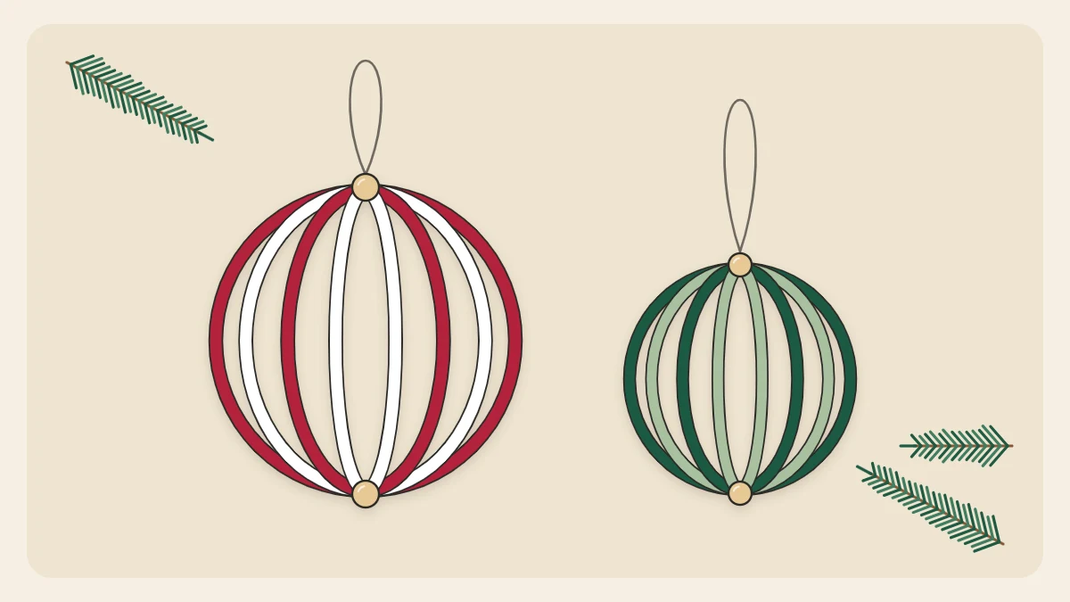 Two paper strip ball ornaments, one red and white and one green, hanging from thread loops with wooden beads