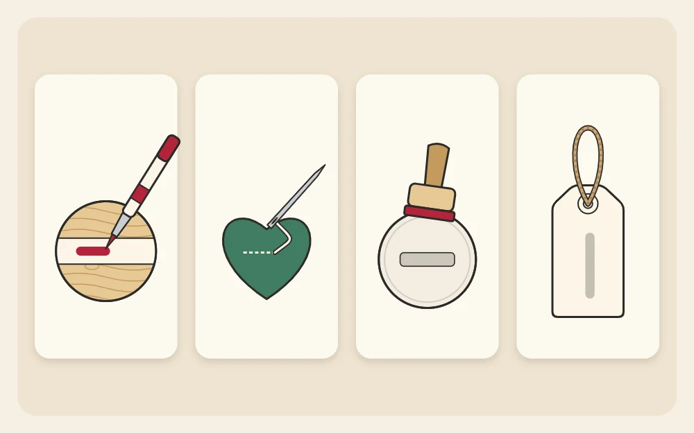 Four ways to add a name as tiles: a paint pen on wood, a needle stitching on felt, a stamp pressed into clay, and a paper tag on twine