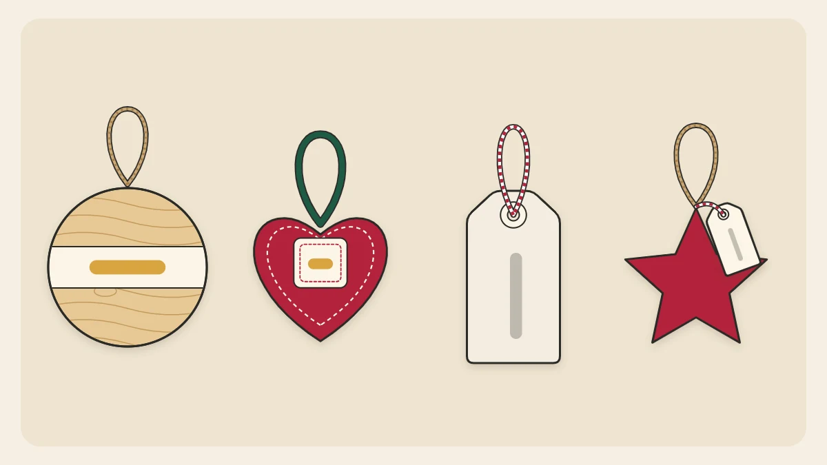 Four personalized ornaments in a row: a wooden disc with a lettering band, a felt heart with a monogram patch, a clay tag and a paper tag on a star