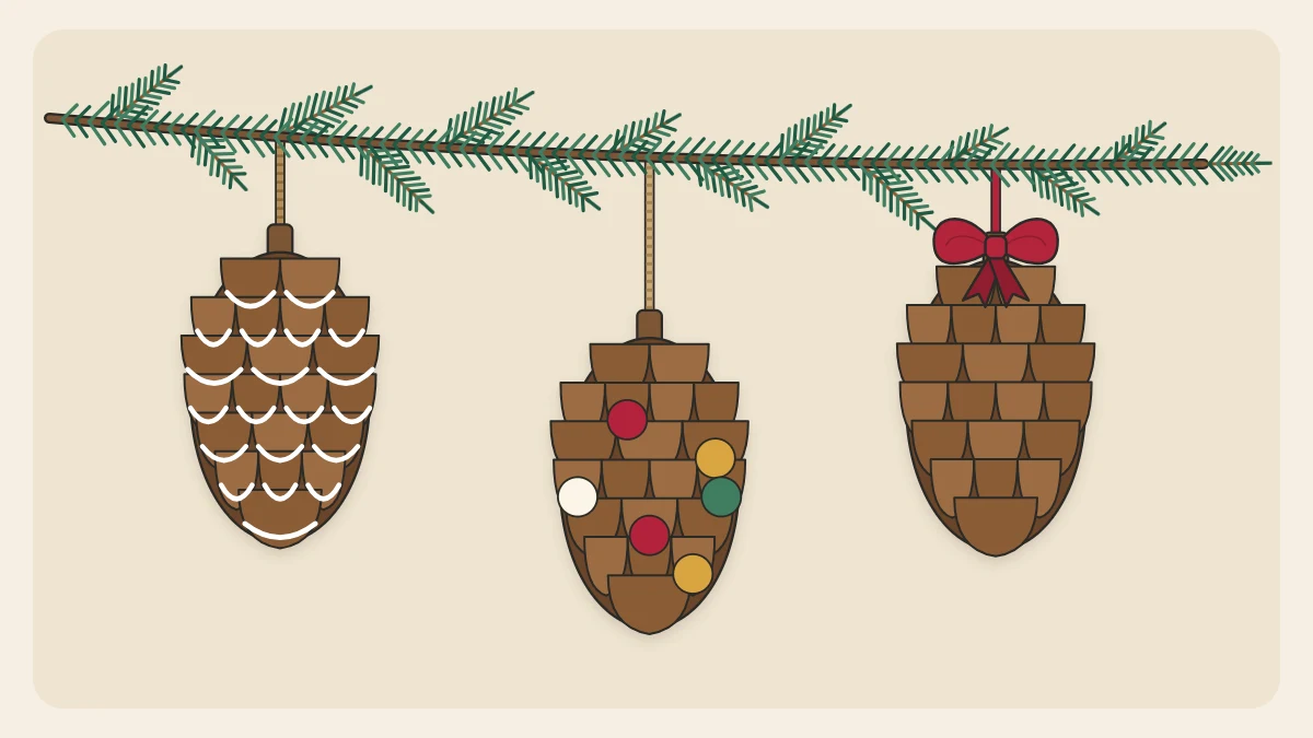 Three decorated pinecone ornaments on an evergreen branch: white-tipped scales, small colored pom-poms and a red bow
