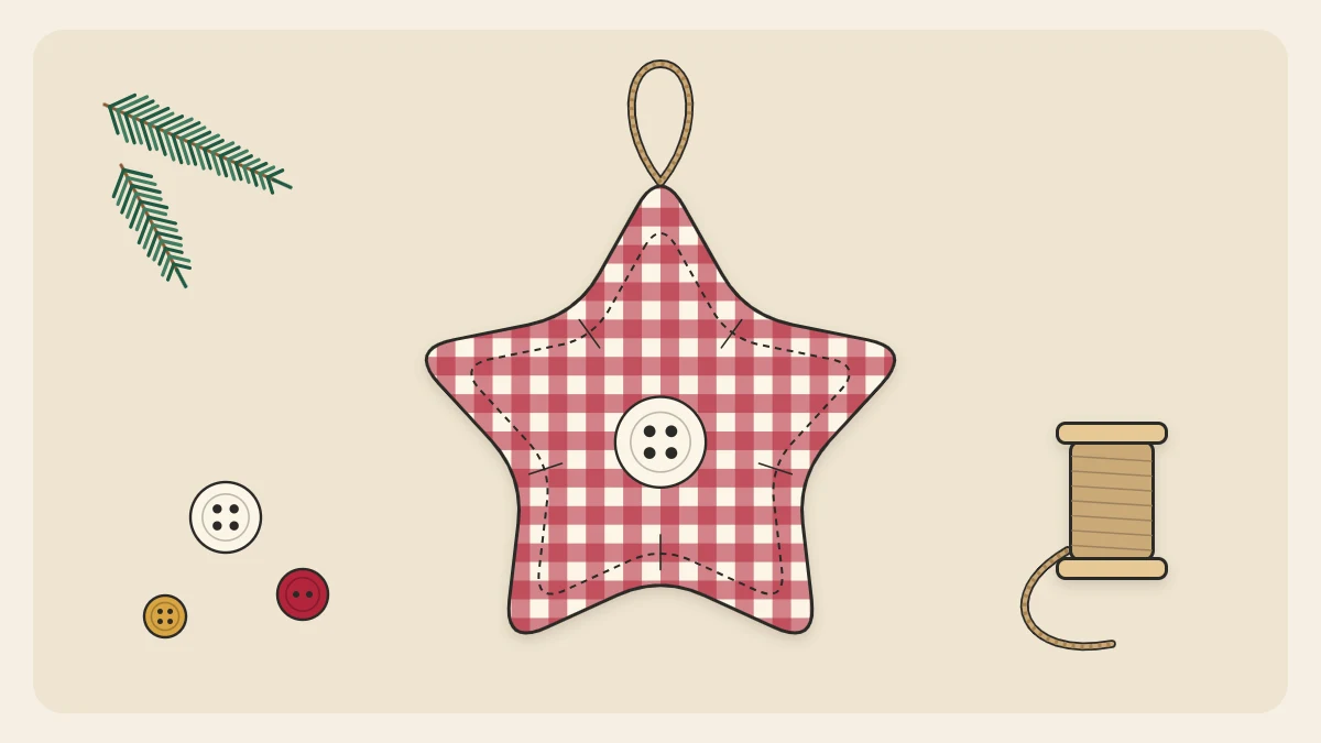 A plump stuffed star ornament in red gingham fabric with a cream button at the center and a twine loop
