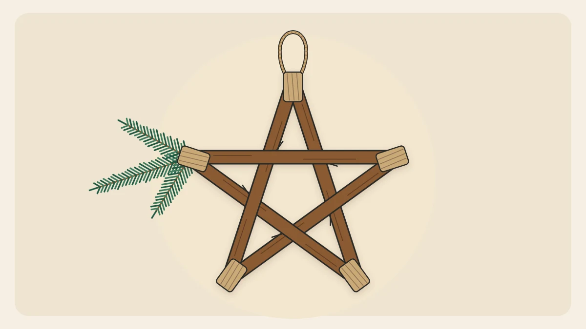 A five-point twig star bound with jute twine at each point, hanging from a twine loop with a small evergreen sprig
