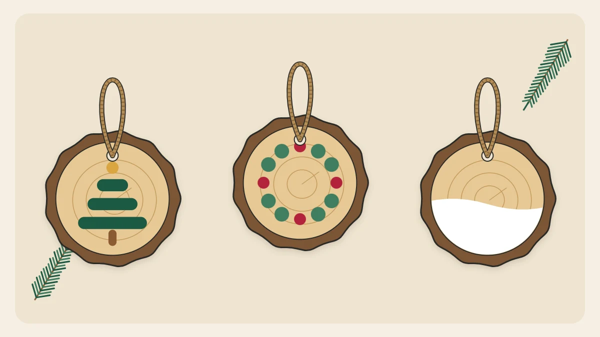 Three round wood slice ornaments with bark edges, painted with a tree, a wreath of dots and a white half-dip, on jute loops