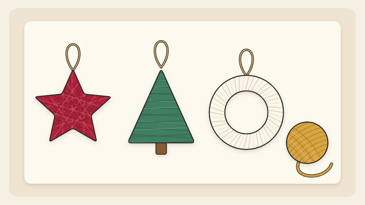 A red yarn-wrapped star, a green triangle tree and a white ring with twine loops beside a ball of yarn